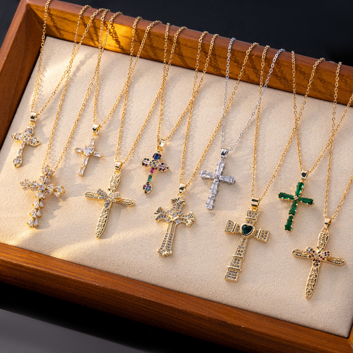 Necklace for Women European and American Cross-Border Fashion Colorful Zircon Cross Necklace Niche Design Ins Style Jewelry Collarbone Chain