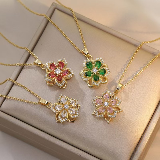 Necklace for Women, Internet Celebrity Rotating Bauhinia Zircon Flower, Niche Fashion New Design Pendant, Elegant Titanium Steel Necklace