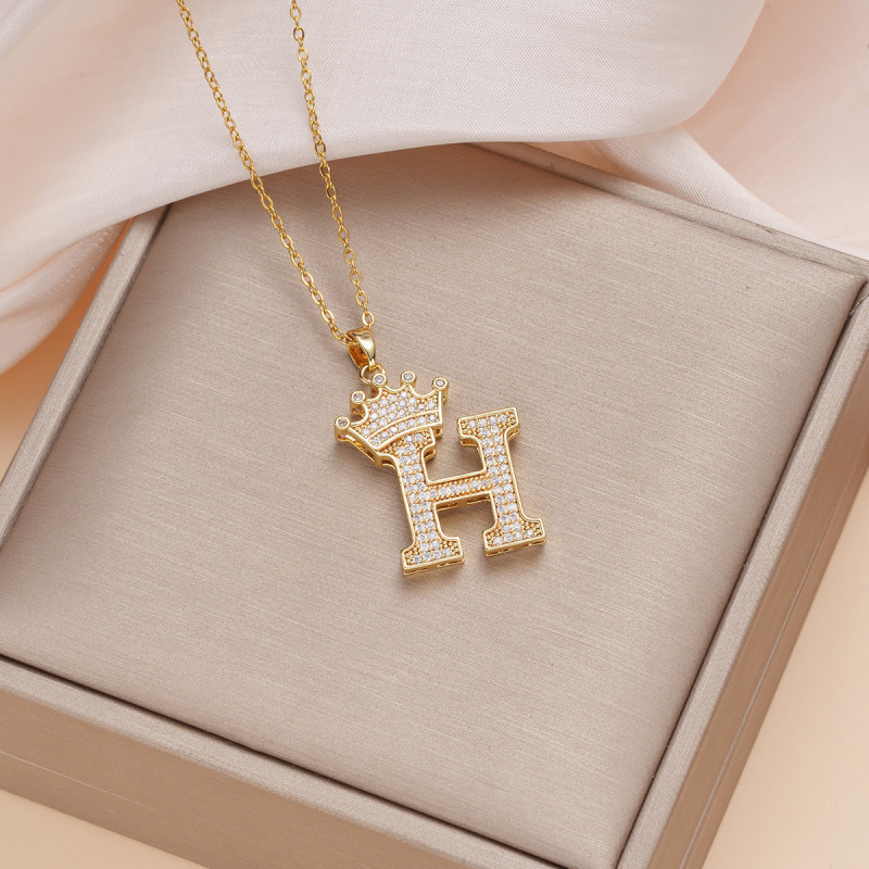Necklace for Women Cross-Border New Zircon Letter Necklace Accessories Hip-Hop Double Layer Crown English 26 Pendant Necklace