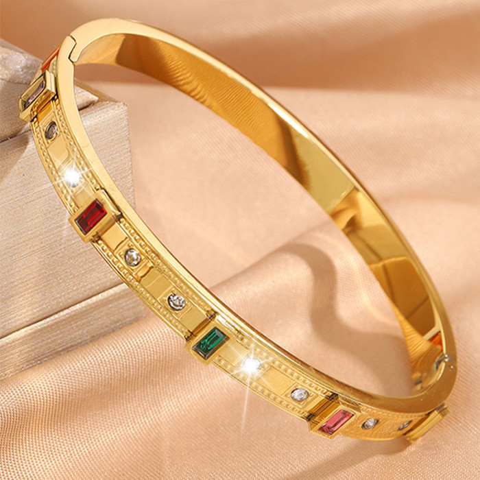 Fashion New Square Colored Stone Stainless Steel Bracelet for Women, Luxury, Non-Fading, Versatile, Personalized Je...