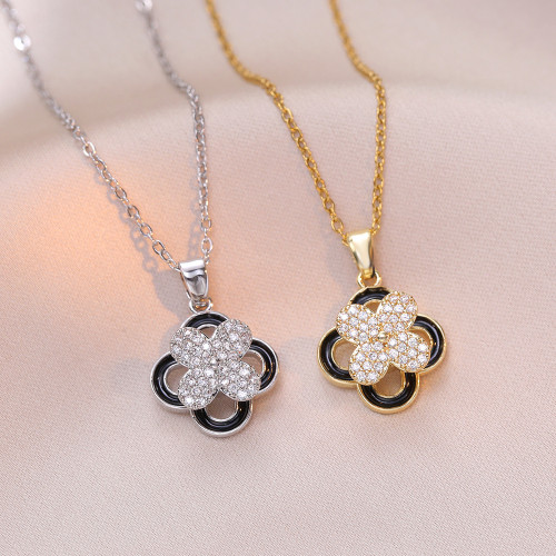 Necklace for Women Cross-Border Internet Celebrity Four-Leaf Flower Zircon Flower Niche Fashion New Design Sense Elegant Titanium Steel Necklace