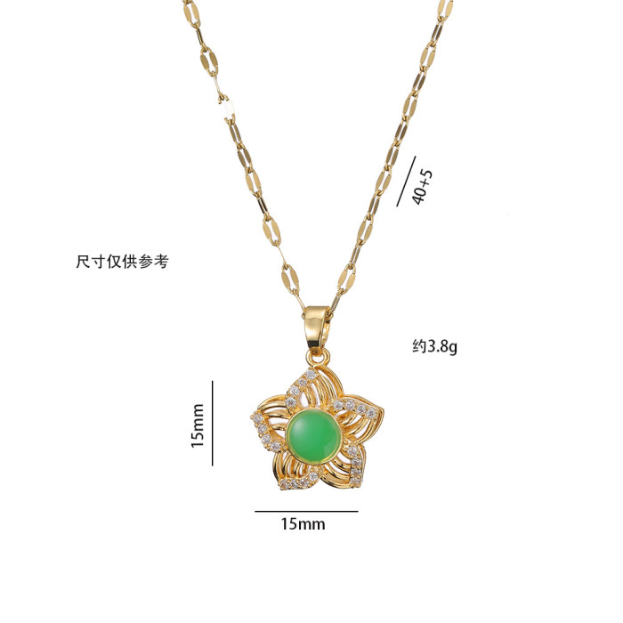 Necklace for Women Japanese and Korean Style Fashion Emerald Flower Earrings Ring Bracelet Three-Piece Set Niche Set...