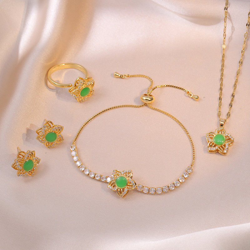 Necklace for Women Japanese and Korean Style Fashion Emerald Flower Earrings Ring Bracelet Three-Piece Set Niche Set Collarbone Chain