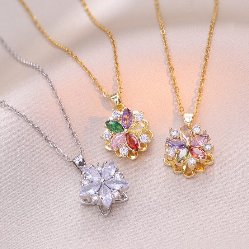 Necklace for Women, Internet Celebrity, Cross-Border, Colorful Zircon, Rotating Flower, Niche Fashion, New Design, Elegant Titanium Steel Necklace