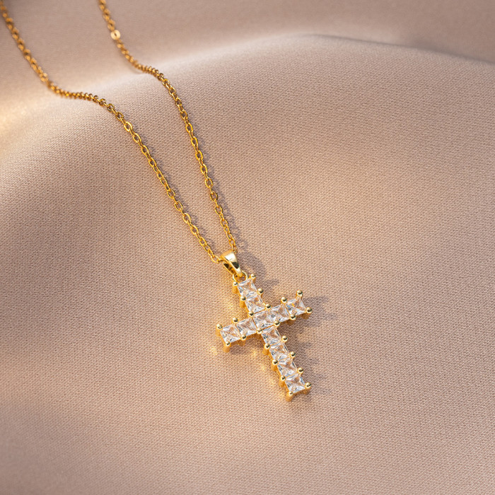 Necklace for Women New Cross-border Cross Gold Full Diamond Fashion Niche Design Sense Simple Elegant European and American Style Necklace