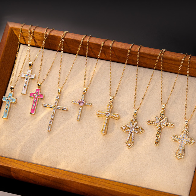 Necklace for Women European and American Style Internet Celebrity Colorful Zircon Cross Necklace Niche Cross-Border New Design Pendant Titanium Steel Necklace