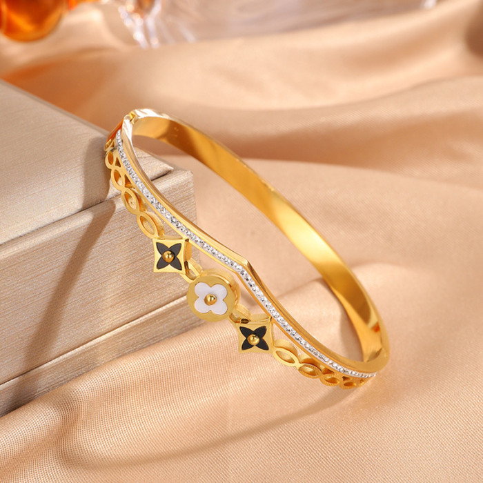 Titanium Steel Bracelet Vintage Four-Leaf Flower Inlaid with Diamonds Runaway Princess Crown Open Bracelet Elegant Versatile Non-Fading Jewelry