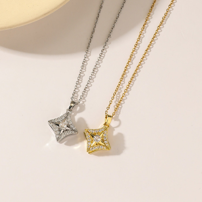 Necklace for Women Internet Celebrity Cross-Border Four-Leaf Flower Zircon Flower Niche New Design Sense Pendant Rotating Titanium Steel Necklace