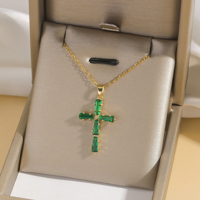 Necklace for Women European and American Cross-Border Fashion Colorful Zircon Cross Necklace Niche Simple Personality Emerald Jewelry for Women