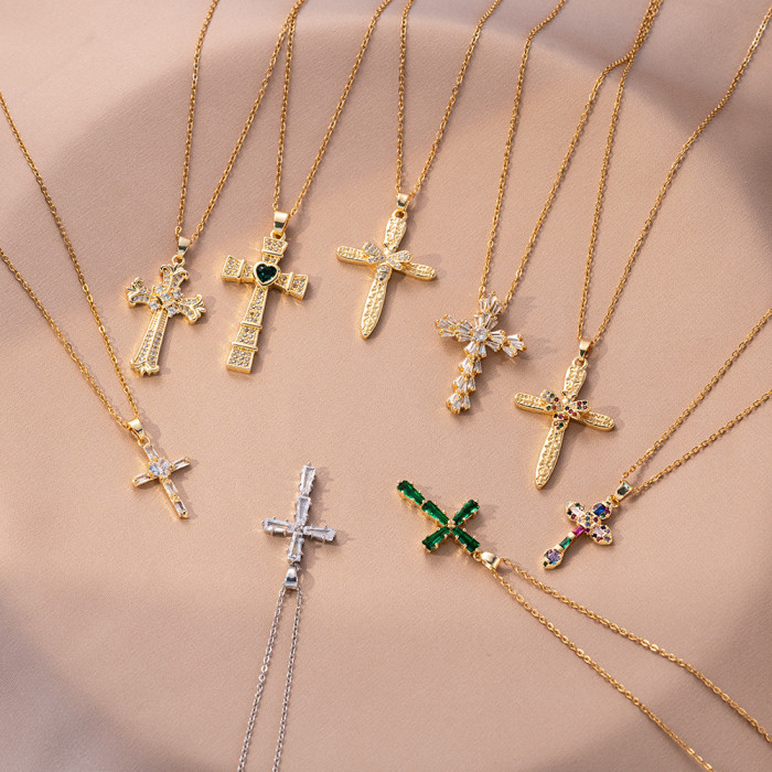 Necklace for Women European and American Cross-Border Fashion Colorful Zircon Cross Necklace Niche Design Ins Style Jewelry Collarbone Chain