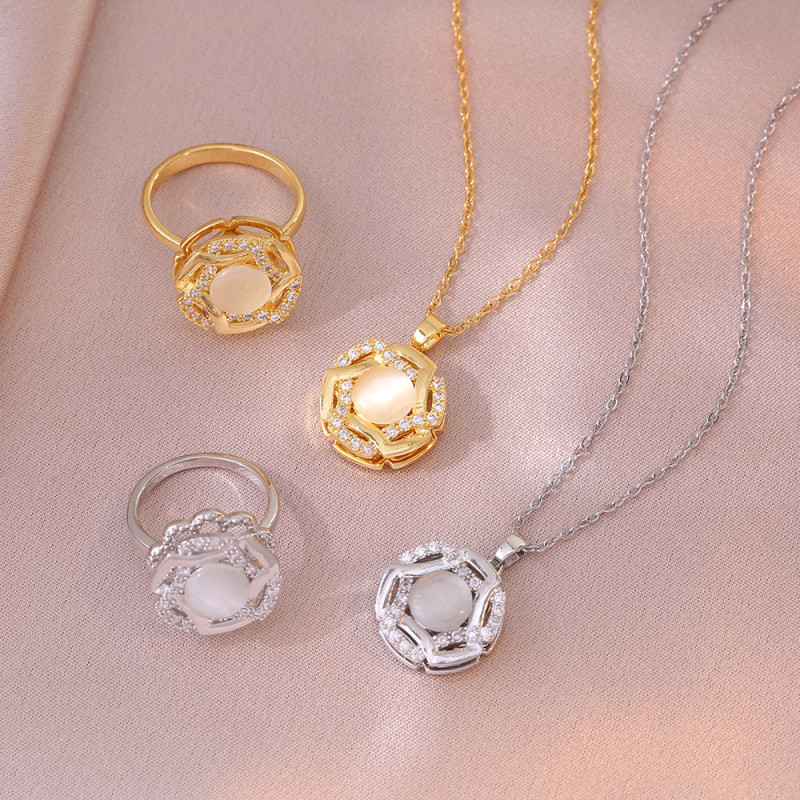 Necklace for Women Cross-Border Fashion Mature Style Double Layer Rotating Cat's Eye Necklace Zircon Ring Set Elegant Collarbone Chain
