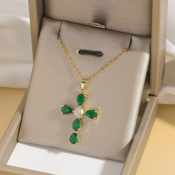 Necklace for Women Style Internet Celebrity Colorful Zircon Cross Necklace Niche New Design Pendant Titanium Steel Ne...