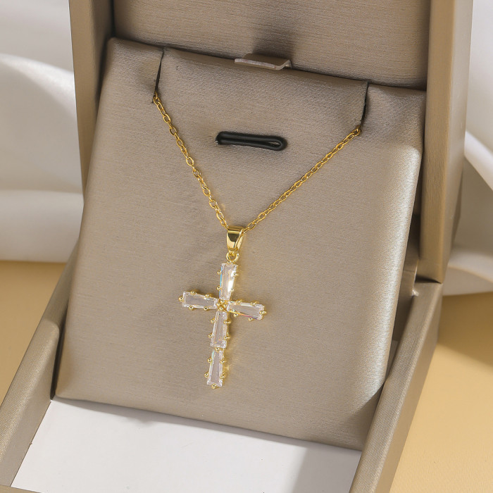 Necklace for Women Style Internet Celebrity Colorful Zircon Cross Necklace Niche New Design Pendant Titanium Steel Ne...