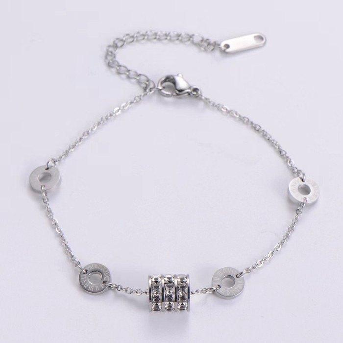 Titanium Steel Non-Fading Bracelet Korean Style Women Roman Numerals Small Waist Three-Row Stone-Inlaid Bracelet 18...