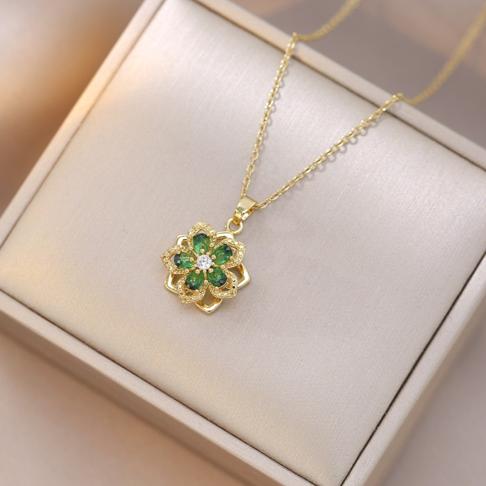 Necklace for Women Internet Celebrity Purple Zircon Flower Niche New Style Elegant European and American Five-Petal Flower 360 ° Rotatable Necklace