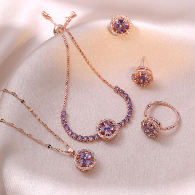 Necklace for Women Japanese and Korean Style Internet Celebrity TikTok Rotatable Ring Earrings Three-Piece Set Zircon Necklace Jewelry Collarbone Chain