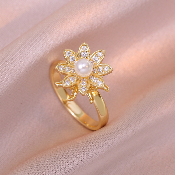 Necklace for Women Pearl Flower Zircon Rotating Elegant Full Diamond Necklace Fashion Korean Version Niche Ring Set C...