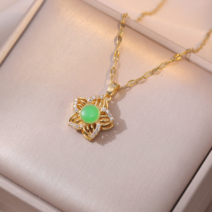 Necklace for Women Japanese and Korean Style Fashion Emerald Flower Earrings Ring Bracelet Three-Piece Set Niche Set...