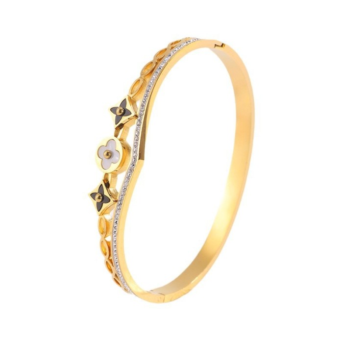 Titanium Steel Bracelet Vintage Four-Leaf Flower Inlaid with Diamonds Runaway Princess Crown Open Bracelet Elegant Versatile Non-Fading Jewelry