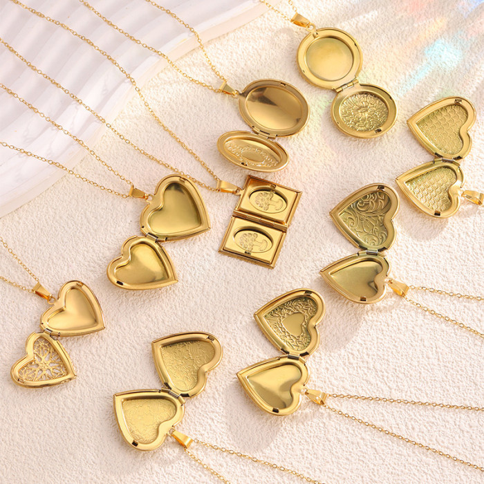Stainless Steel Necklace for Women, Light Luxury High-End Feel, Heart Photo Frame Necklace, Non-Fading, Heart-Shaped, Exquisite Carving, Openable Photo Frame
