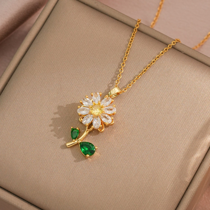 Necklace for Women Japanese and Korean Cross-Border Sunflower New Style Inlaid Diamond Sunflower Ins Ring Rotatable Set Clavicle Chain for Women