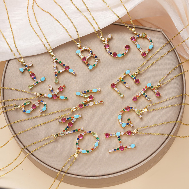 Necklace for Women European and American Cross-Border Colorful Zircon 26 English Letters Personalized Pendant Niche Hip-Hop Necklace Collarbone Chain