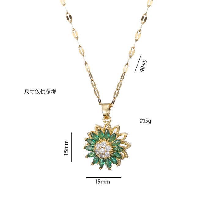Necklace for Women Japanese and Korean Style Micro Pave Zircon Emerald Sunflower Rotating Set Collarbone Chain Jewelr...