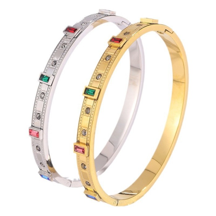 Fashion New Square Colored Stone Stainless Steel Bracelet for Women, Luxury, Non-Fading, Versatile, Personalized Je...