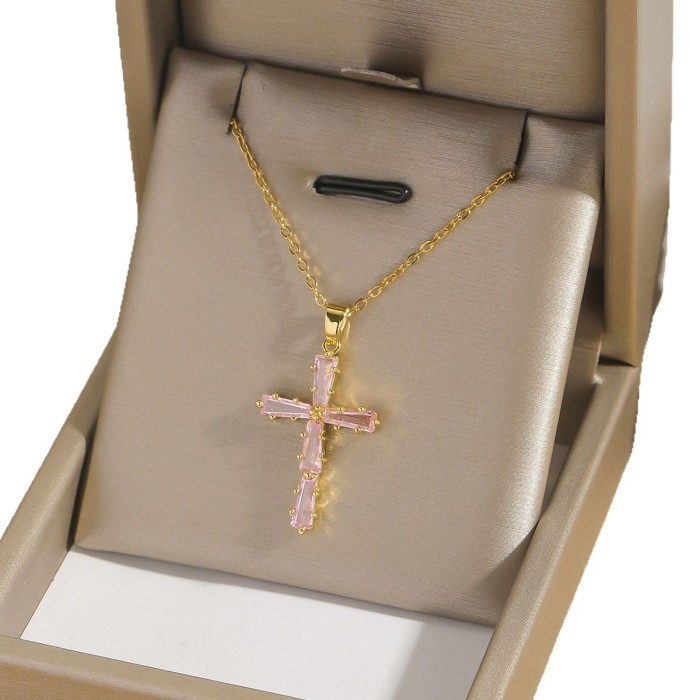 Necklace for Women Style Internet Celebrity Colorful Zircon Cross Necklace Niche New Design Pendant Titanium Steel Ne...