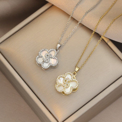Necklace for Women Internet Celebrity Five-Petal Flower Zircon Coin Flower Niche New Design Pendant Elegant Titanium Steel Necklace