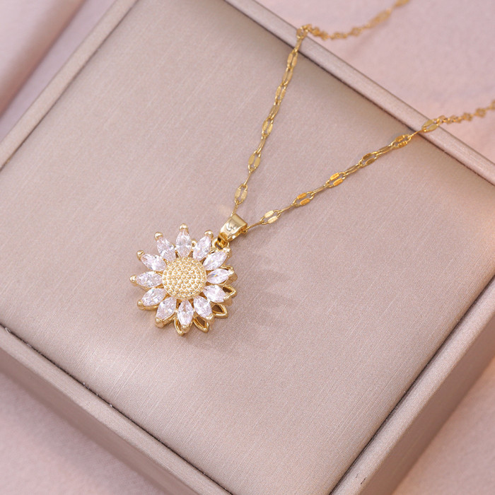 Necklace for Women, Internet Celebrity Sunflower Zircon Flower, Niche Cross-Border New Design Pendant, Elegant Set, Titanium Steel Necklace