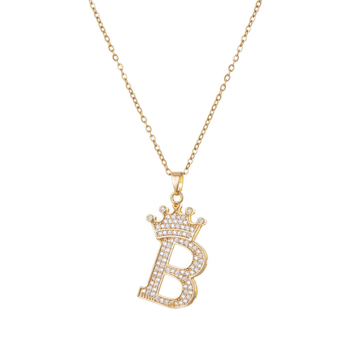 Necklace for Women Cross-Border New Zircon Letter Necklace Accessories Hip-Hop Double Layer Crown English 26 Pendant Necklace