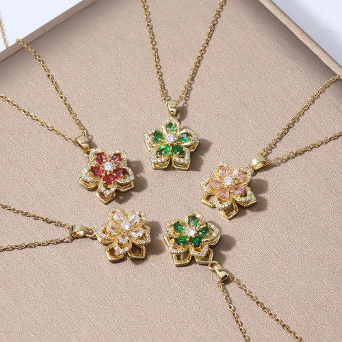 Necklace for Women Internet Celebrity Purple Zircon Flower Niche New Style Elegant European and American Five-Petal Flower 360 ° Rotatable Necklace