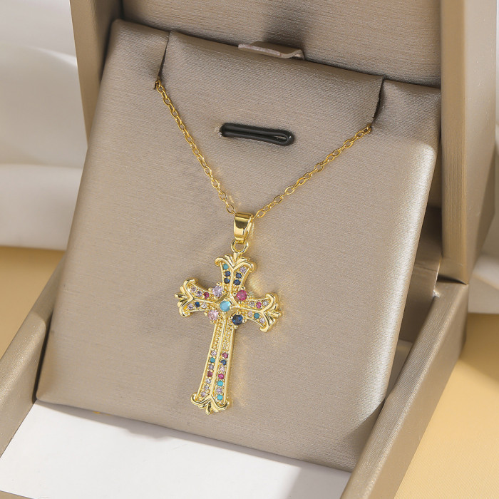 Necklace for Women European and American Cross-Border Fashion Colorful Zircon Cross Necklace Niche Design Ins Style Jewelry Collarbone Chain