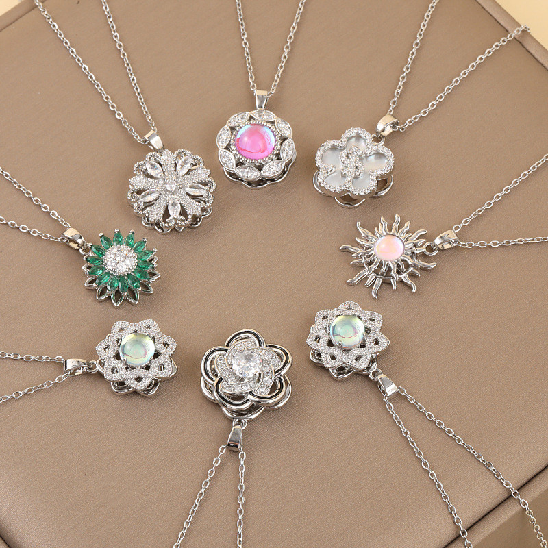 Necklace for Women Cross-Border Internet Celebrity Sunflower Zircon Flower Niche Rotating New Design Elegant Pendant Titanium Steel Necklace