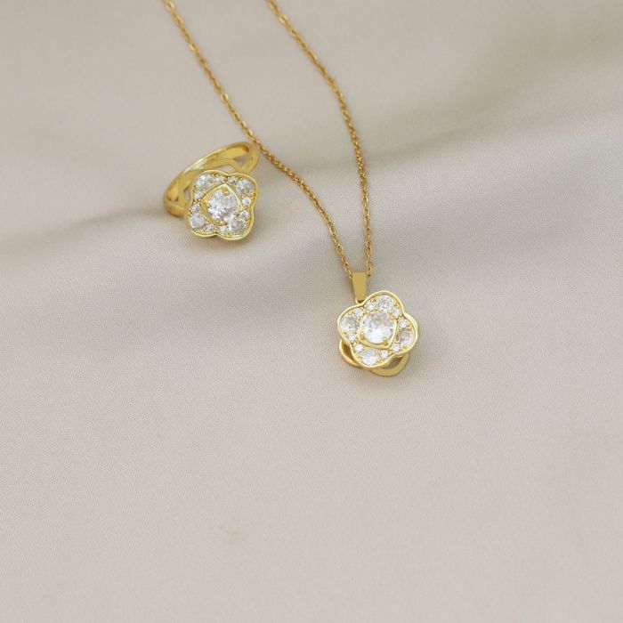 Necklace for Women Flower Micro-Inlaid Zircon Flower Fashion Ring Set Necklace Niche Fashion Jewelry