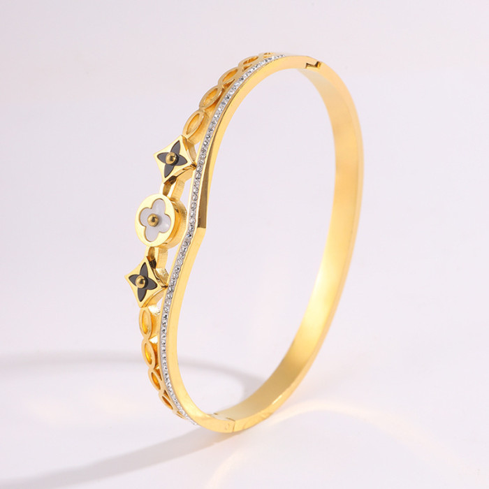 Titanium Steel Bracelet Vintage Four-Leaf Flower Inlaid with Diamonds Runaway Princess Crown Open Bracelet Elegant Versatile Non-Fading Jewelry