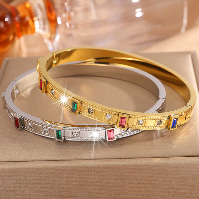 Titanium Steel Bracelet Couple Style Hua Ge Fu Square Colorful Stone-Inlaid Hot Sale Exquisite Versatile Elegant Br...
