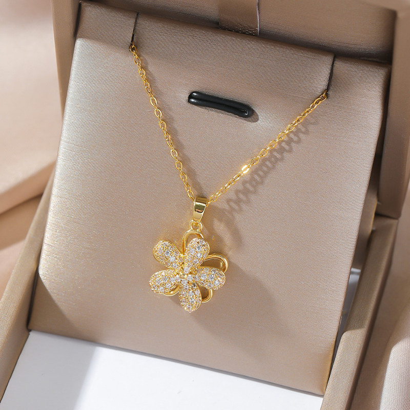 Necklace for Women Cross-Border European and American Rotatable Sunflower Flower Niche Design Zircon Stamen Rotating Necklace Jewelry