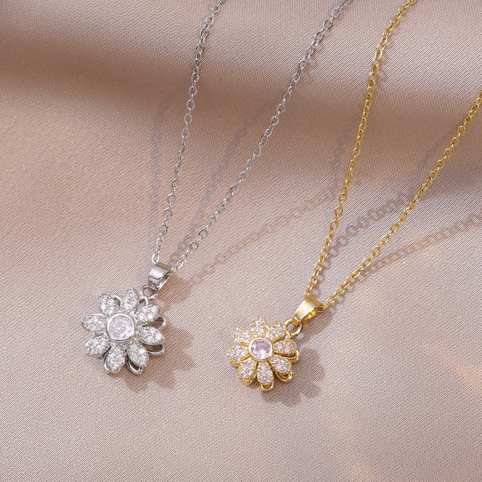 Necklace for Women Internet Celebrity Sunflower Zircon Flower Niche Rotating New Design Pendant Elegant Titanium Stee...