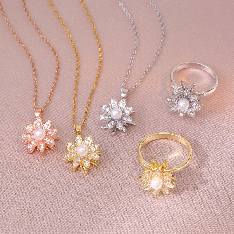 Necklace for Women Pearl Flower Zircon Rotating Elegant Full Diamond Necklace Fashion Korean Version Niche Ring Set Collarbone Chain