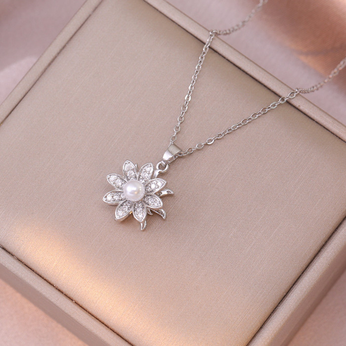 Necklace for Women Pearl Flower Zircon Rotating Elegant Full Diamond Necklace Fashion Korean Version Niche Ring Set C...