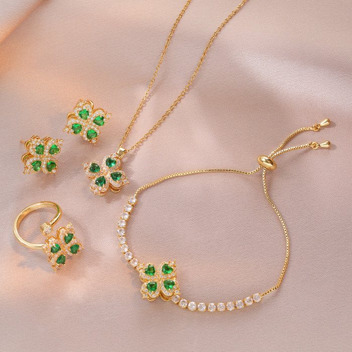 Necklace for Women Emerald Heart Zircon Fashion Rotating Heart Ring Bracelet Set Collarbone Chain, Jewelry Sets
