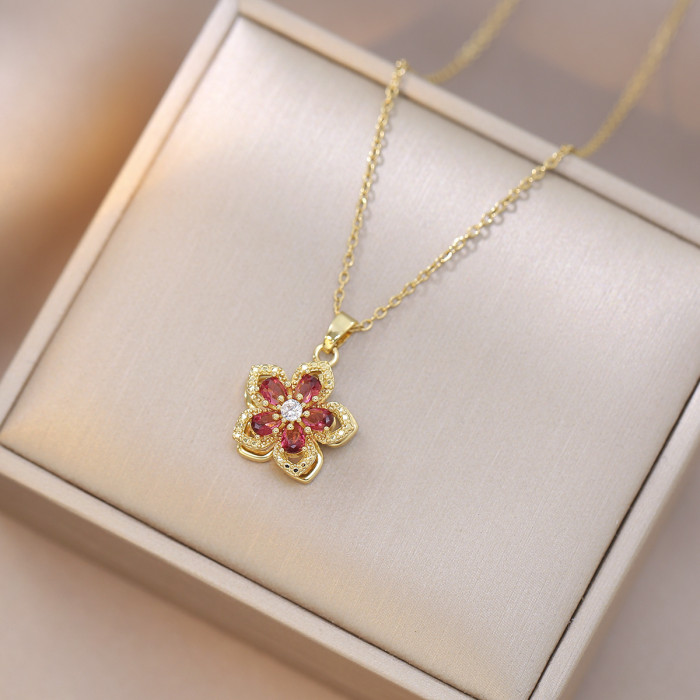Necklace for Women Internet Celebrity Purple Zircon Flower Niche New Style Elegant European and American Five-Petal Flower 360 ° Rotatable Necklace