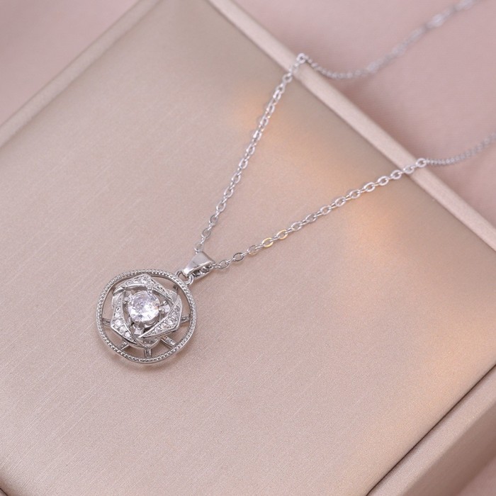 Necklace for Women Cross-Border Internet Celebrity Rotating Flower Niche Fashion New Design Sense Ring Temperament Set Titanium Steel Necklace