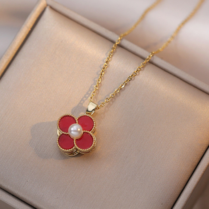 Necklace for Women Korean and Japanese Style New Rotating Four-Leaf Clover Pearl Necklace Fashion Niche Design Clavicle Chain Exquisite