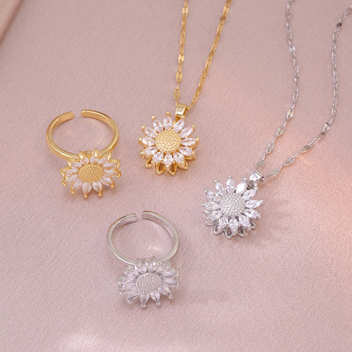 Necklace for Women, Internet Celebrity Sunflower Zircon Flower, Niche Cross-Border New Design Pendant, Elegant Set, Titanium Steel Necklace