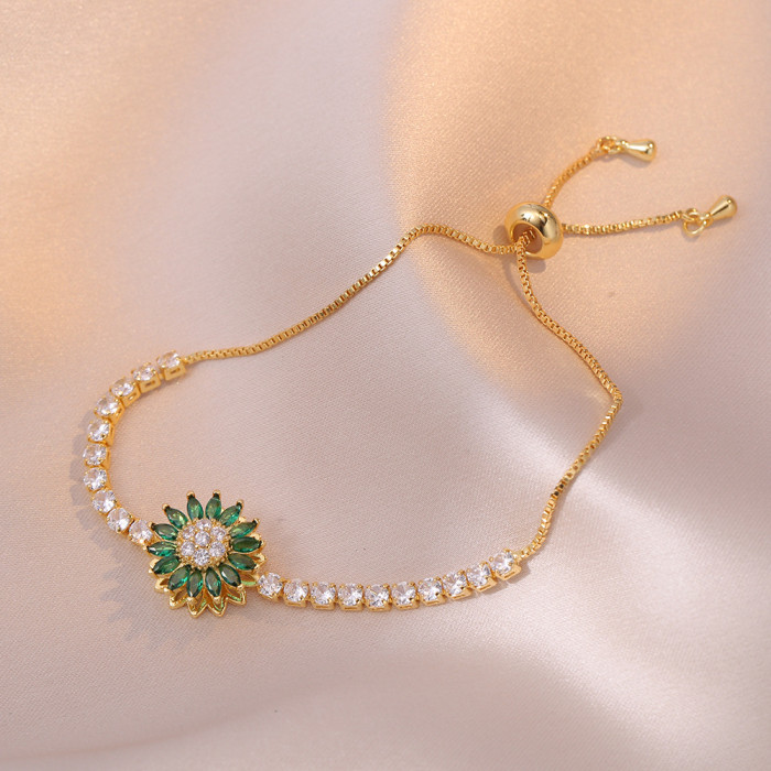 Necklace for Women Japanese and Korean Style Micro Pave Zircon Emerald Sunflower Rotating Set Collarbone Chain Jewelr...