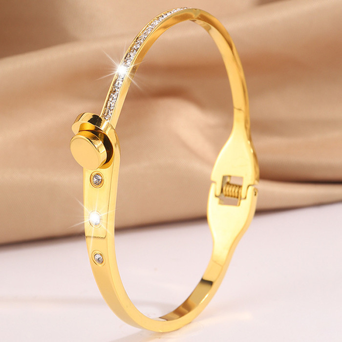 European and American Fashion Cross-Border Hot Sale Titanium Steel Bracelet for Women High-End Feel Horseshoe Row Diamond Spring Open Circle Bracelet Jewelry
