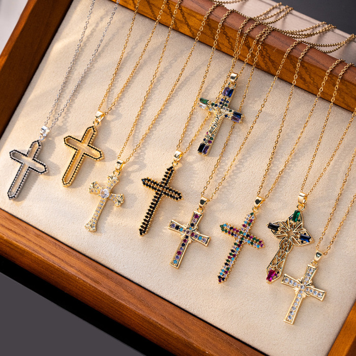 Necklace for Women Style Internet Celebrity Colorful Zircon Cross Necklace Niche New Design Pendant Titanium Steel Ne...